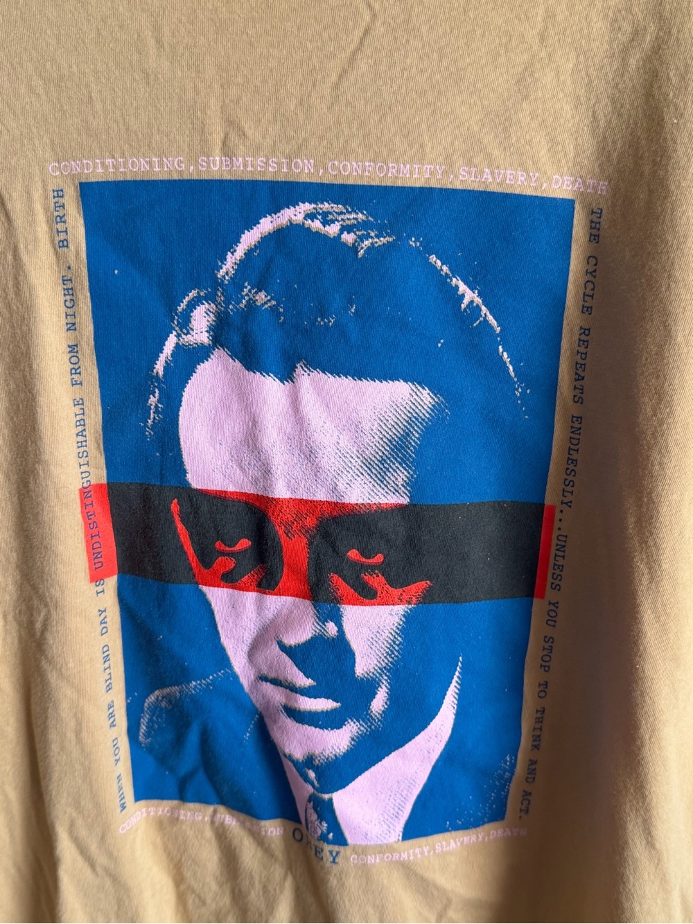 Obey Tan Short-Sleeve Tee with Blue & Pink Portrait and Black/Red Bar - Picture 2 of 4